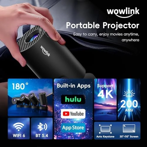 Mini Projector with WiFi 6 and Bluetooth 5.4 Support 4K 1080P Auto Keystone 180° Rotatable — Smart Projector, wowlink