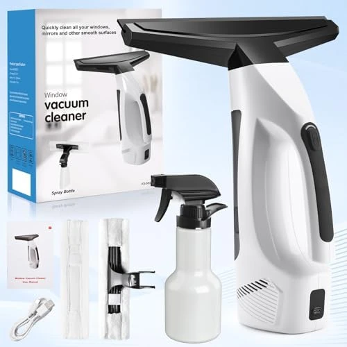 Cordless Handheld Window Vacuum Squeegee with Spray Bottle & Microfiber Cloth — Window Cleaning Robot, JQCSR