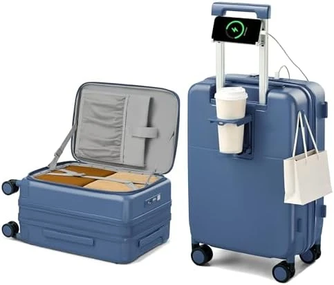 20 Inch Expandable Carry On Luggage with Cup Holder — Smart Luggage, Hanke