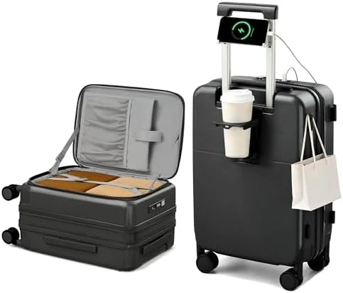 20 Inch Expandable Carry On Luggage with Cup Holder — Smart Luggage, Hanke