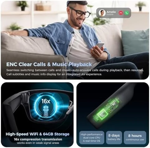 Smart Glasses with Camera & AR Display, Invisible Teleprompter & 268-Language Real-Time Translation — Smart Glasses, Domars