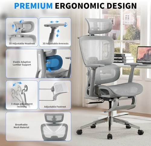 Mesh Ergonomic Office Chair with Footrest — Smart Chairs, hujusko