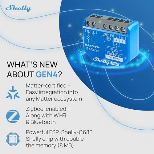 1 Gen4 Wi-Fi, Zigbee & Matter Smart Relay Switch with Dry Contacts, 1-Channel 16A — Smart Switch, Shelly