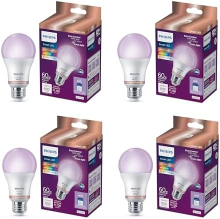 Smart LED Full Color Light Bulb 4-Pack, A19 60W 800LM E26 Indoor — Smart Light Bulb, Philips
