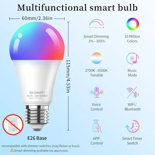 LED Smart Light Bulbs, Color Changing Dimmable & Timing Smart WiFi and Bluetooth Bulb, 4 Pack — Smart Light Bulb, Meliya