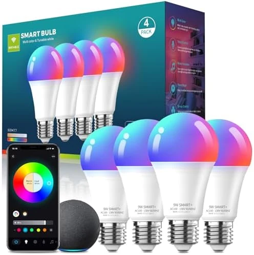 LED Smart Light Bulbs, Color Changing Dimmable & Timing Smart WiFi and Bluetooth Bulb, 4 Pack — Smart Light Bulb, Meliya