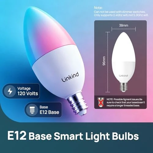Smart Bulbs, E12 Led Bulb, 470LM, 2.4Ghz WiFi Candelabra B11 Bulbs, Color Changing RGBTW Led Light Bulb — Smart Light Bulb, Linkind