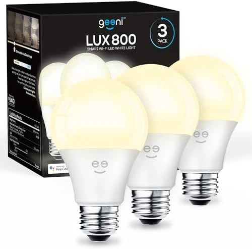 Smart LED Light Bulb 3 Pack A19 WiFi Dimmable Soft White 800 Lumens — Smart Light Bulb, Geeni