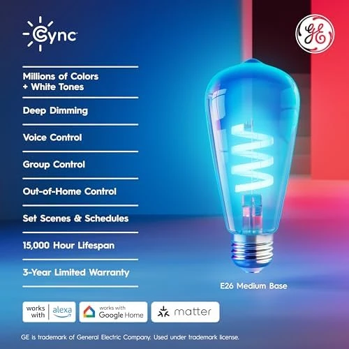 Smart LED Light Bulb, ST19 Edison Style, Room Decor Aesthetic, Color Changing WiFi, 60W Equivalent (Pack of 2) — Smart Light Bulb, Cync