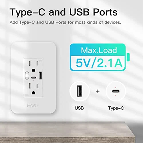 Smart USB Wall Outlet Receptacle with Type-C & Type-A Charger — Smart Plug, MOES