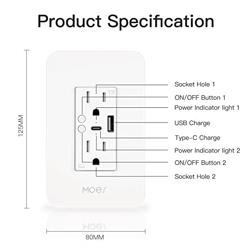 Smart USB Wall Outlet Receptacle with Type-C & Type-A Charger — Smart Plug, MOES