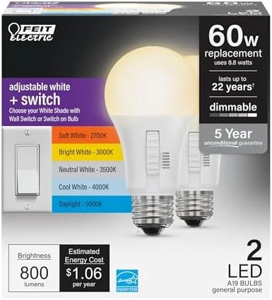 A19 LED Light Bulb, 60W Equivalent, Dimmable, Color Selectable 6-Way — Smart Light Bulb, Feit Electric