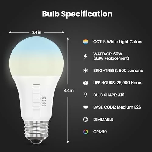 A19 LED Light Bulb, 60W Equivalent, Dimmable, Color Selectable 6-Way — Smart Light Bulb, Feit Electric