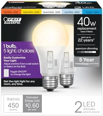 A19 LED Light Bulb, 60W Equivalent, Dimmable, Color Selectable 6-Way — Smart Light Bulb, Feit Electric