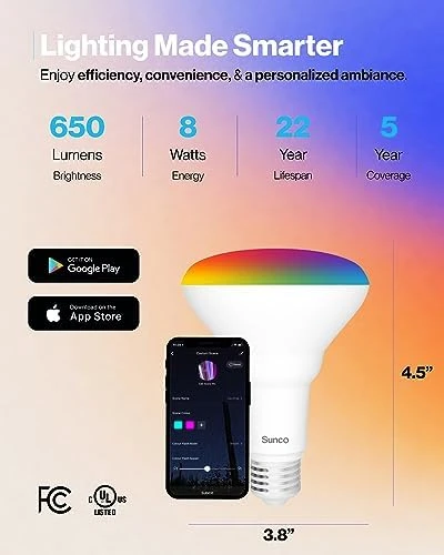 BR30 Alexa Smart Flood Light Bulb, Color Changing LED Recessed WiFi Bulb — Smart Light Bulb, Sunco