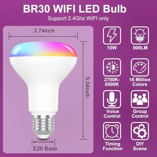 BR30 Smart Bulbs, Compatible with Alexa, Flood Light Bulbs 10W 900LM, RGBCW Color Changing Light Bulb — Smart Light Bulb, HYDONG
