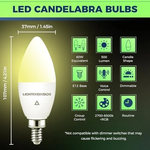 Matter-Enabled E12 Smart Light Bulbs 60W Equivalent, Candelabra Light Bulbs, RGBCW, 2.4G WiFi, 6PCS — Smart Light Bulb, Lightinginside