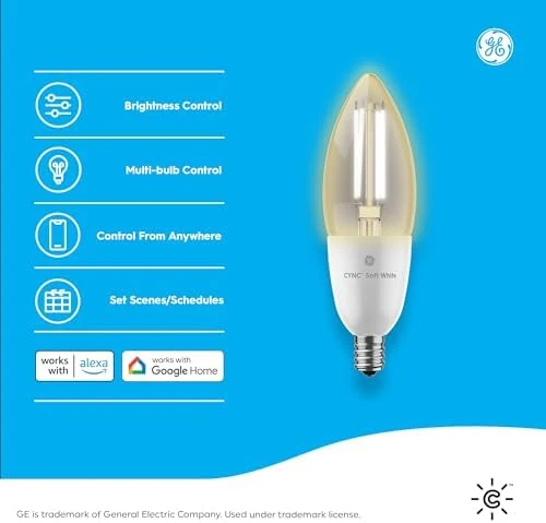 Smart LED Light Bulb, B11 Candle, Soft White, 60W Equivalent, Pack of 2 — Smart Light Bulb, GE