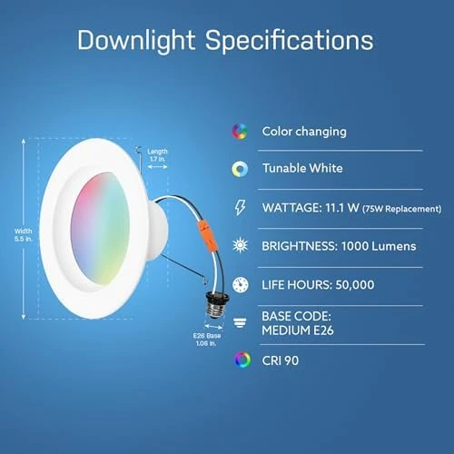 Smart Recessed Downlights, 5-6 Inch, Wi-Fi LED, Dimmable Color-Changing, 1000 Lumens — Smart Light Bulb, Feit Electric