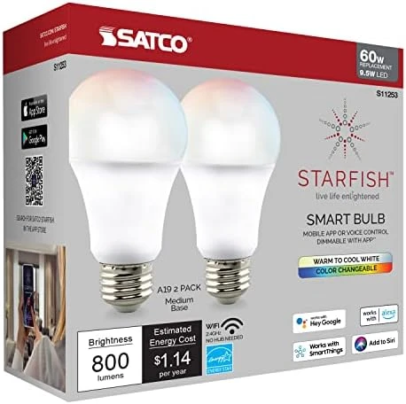 WiFi Smart LED Color-Changing Light Bulb, 2-Pack — Smart Light Bulb, Satco