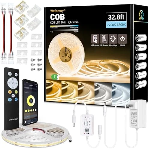 COB LED Strip Light White, 33ft Dimmable 2700K-6500K High Density 24V Flexible LED Tape Light with Remote and APP... — LED Strip Lights, Wefomey