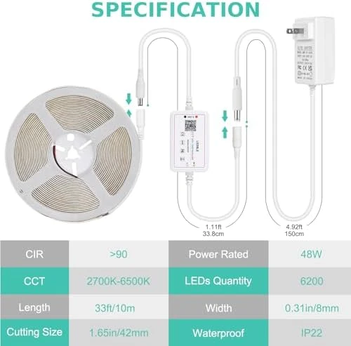 COB LED Strip Light White, 33ft Dimmable 2700K-6500K High Density 24V Flexible LED Tape Light with Remote and APP... — LED Strip Lights, Wefomey
