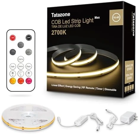 COB Led Strip Lights Max with RF Remote, 16.4ft 3000K CRI93+ Dimmable Ultra Bright Warm White — LED Strip Lights, Tatazone