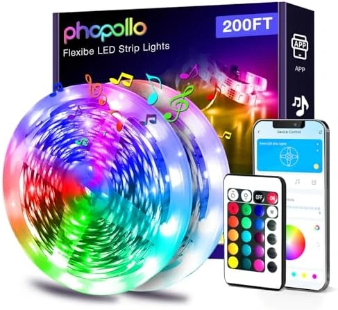 LED Lights for Bedroom 200ft, Music Sync Color Changing, Smart App Control with Remote — LED Strip Lights, phopollo