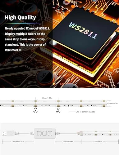 RGB Smart IC COB LED Strip Light USB 5V 6.56ft/2m — LED Strip Lights, PAUTIX