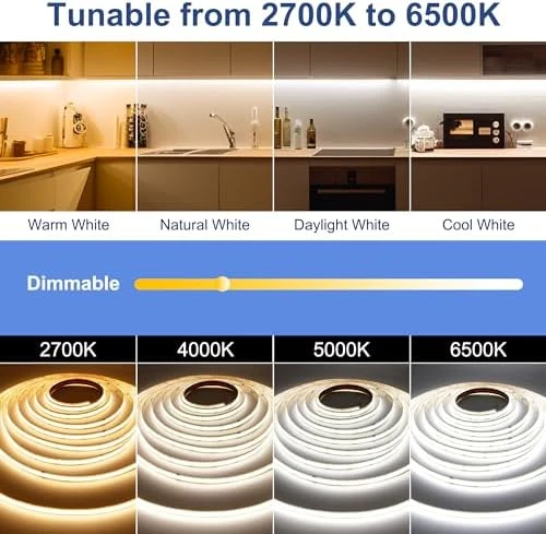 CCT COB LED Strip Lights, 65.6ft Dimmable 2700K-6500K 24V Tunable White LED Light Strip Kit, High Density CRI 90+ LED... — LED Strip Lights, AXMOTUT