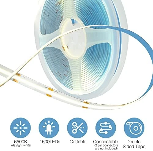 COB LED Strip, 16.4 ft White LED Strip Lights, Dimmable LED Light Strip 6500K Bright Daylight White, 24V, 1600LEDs, 2835... — LED Strip Lights, DAYBETTER