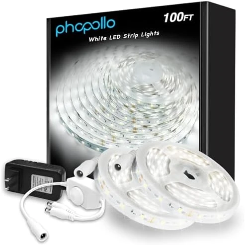 White LED Strip Lights, 100ft (2 Rolls of 50ft) Dimmable 6500K Daylight White LED Light Strip, 1800 LEDs Flexible LED... — LED Strip Lights, phopollo