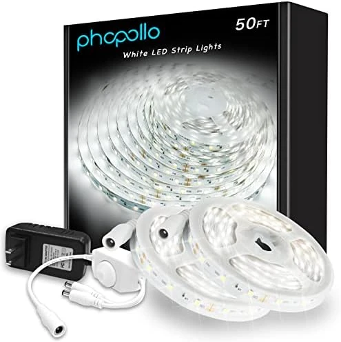 White LED Strip Lights, 100ft (2 Rolls of 50ft) Dimmable 6500K Daylight White LED Light Strip, 1800 LEDs Flexible LED... — LED Strip Lights, phopollo