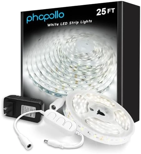 White LED Strip Lights, 100ft (2 Rolls of 50ft) Dimmable 6500K Daylight White LED Light Strip, 1800 LEDs Flexible LED... — LED Strip Lights, phopollo