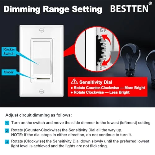 2 Pack Dimmer Light Switch, Universal Lighting Control, Single Pole or 3 Way — Smart Switch, BESTTEN