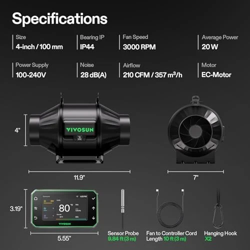 Inline Duct Fan & Temperature Humidity Controller — Smart Fan, VIVOSUN