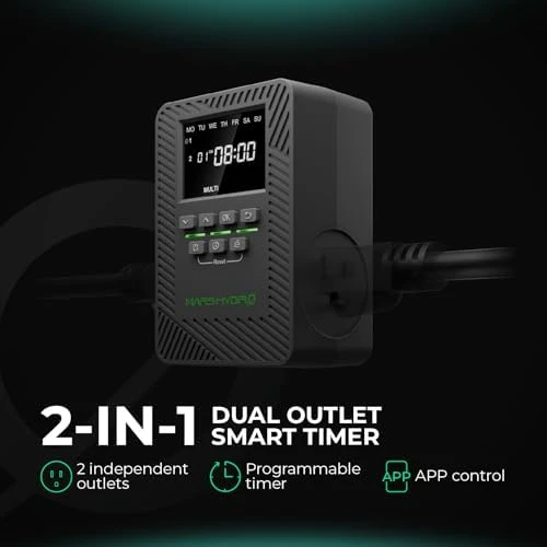 2-in-1 Smart Timer Outlet Dual Outlet App Control Custom Programmable 12 On/Off for Home Office and Plant Growth Use — Smart Plug, Mars Hydro