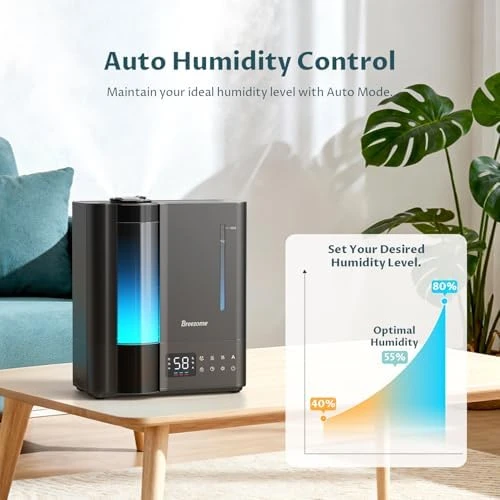 Humidifier for Bedroom, Warm & Cool Mist for Large Room, Top Fill Ultrasonic, Humidity Sensor, Essential Oil, 60H... — Humidifier, BREEZOME