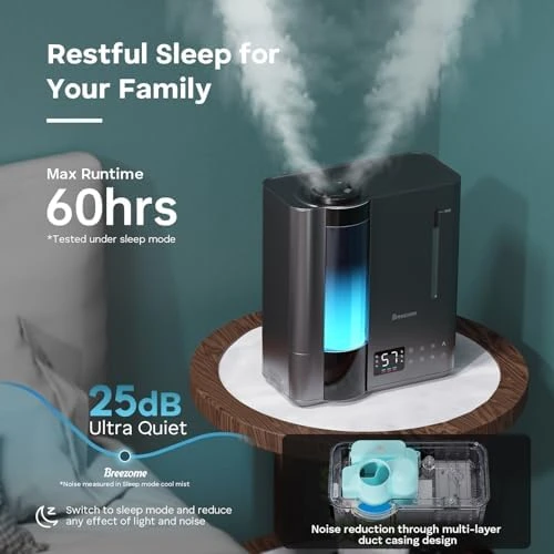 Humidifier for Bedroom, Warm & Cool Mist for Large Room, Top Fill Ultrasonic, Humidity Sensor, Essential Oil, 60H... — Humidifier, BREEZOME