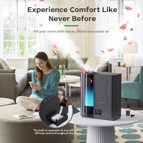 Humidifier for Bedroom, Warm & Cool Mist for Large Room, Top Fill Ultrasonic, Humidity Sensor, Essential Oil, 60H... — Humidifier, BREEZOME