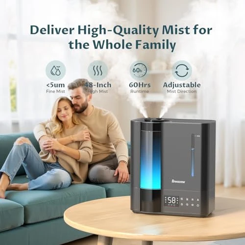 Humidifier for Bedroom, Warm & Cool Mist for Large Room, Top Fill Ultrasonic, Humidity Sensor, Essential Oil, 60H... — Humidifier, BREEZOME