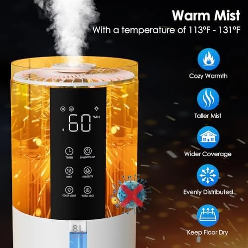 Humidifiers for Bedroom - Quiet Top Fill Cool & Warm Mist Humidifier Large Room with Humidistat — Humidifier, GloryAir