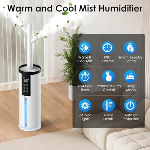 Humidifiers for Bedroom - Quiet Top Fill Cool & Warm Mist Humidifier Large Room with Humidistat — Humidifier, GloryAir