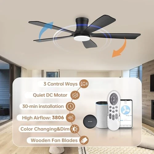 Smart Flush Mount Ceiling Fan with Lights and Remote — Smart Fan, GentleBreeze Store