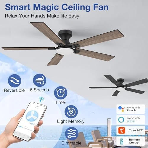52 Inch Ceiling Fans with Lights, Smart Low Profile Ceiling Fan with Light and Remote Control — Smart Fan, Hoenofly