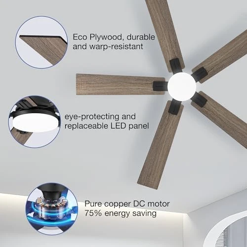 52 Inch Ceiling Fans with Lights, Smart Low Profile Ceiling Fan with Light and Remote Control — Smart Fan, Hoenofly