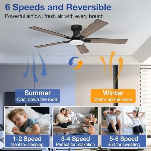52 Inch Ceiling Fans with Lights, Smart Low Profile Ceiling Fan with Light and Remote Control — Smart Fan, Hoenofly