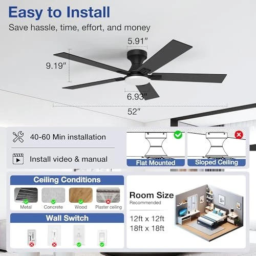 52 Inch Ceiling Fans with Lights, Smart Low Profile Ceiling Fan with Light and Remote Control — Smart Fan, Hoenofly