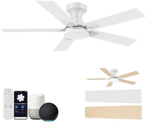 52 Inch Ceiling Fans with Lights, Smart Low Profile Ceiling Fan with Light and Remote Control — Smart Fan, Hoenofly