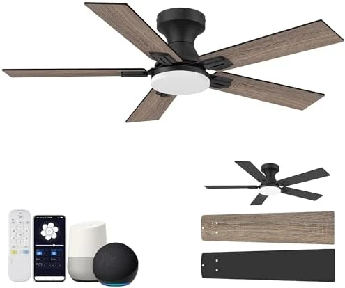 52 Inch Ceiling Fans with Lights, Smart Low Profile Ceiling Fan with Light and Remote Control — Smart Fan, Hoenofly